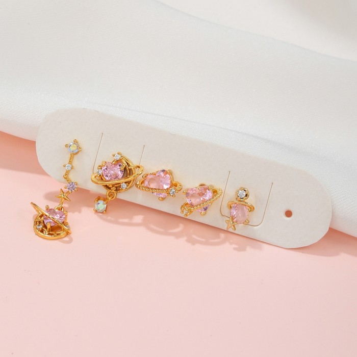 Exquisite Pink Zircon Earring Set, Girly Sweet Heart Pendant Stud Earrings Five-piece Set for Women, Jewelry Sets