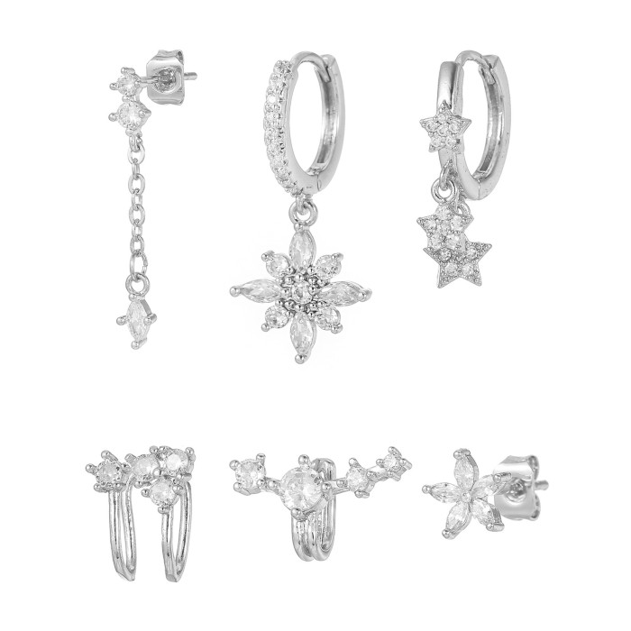 Stone-Studded Pentagram Flower Light Luxury Earrings, Unique Niche Fashion Temperament Six-piece Set of Earrings fo...