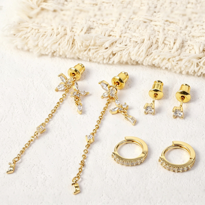 Best-selling Geometric Chain Long Tassel Earring Set for Women, Simple and Elegant with Micro-inlaid Zirconia Ear Cla...