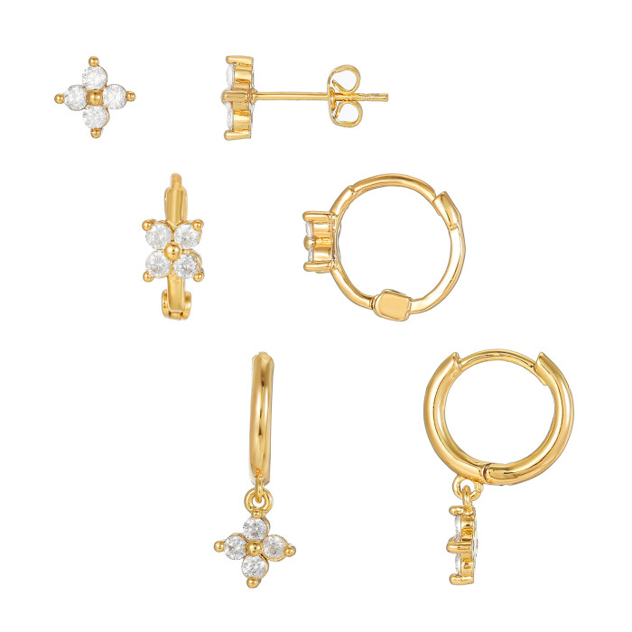 Minimalist Luxury Four-leaf Clover Earrings for Women, Set with Zirconia, Flower Pendant Earring Set, Three-piece Ear...