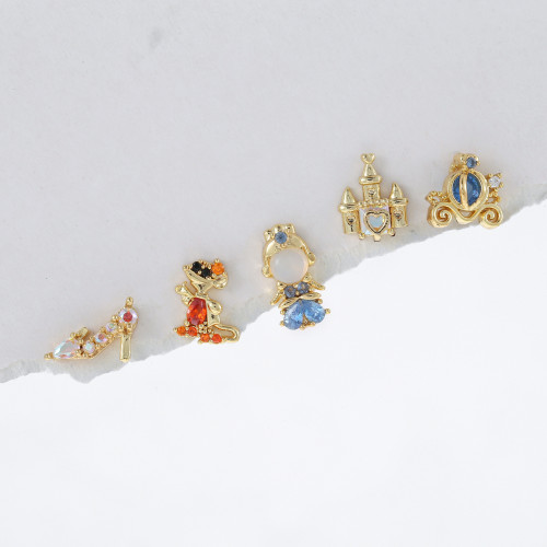 Bestseller: Fairy Tale Pumpkin Carriage Crystal Shoe Earrings, Light Luxury Style Colorful Zircon Five-piece Earring...