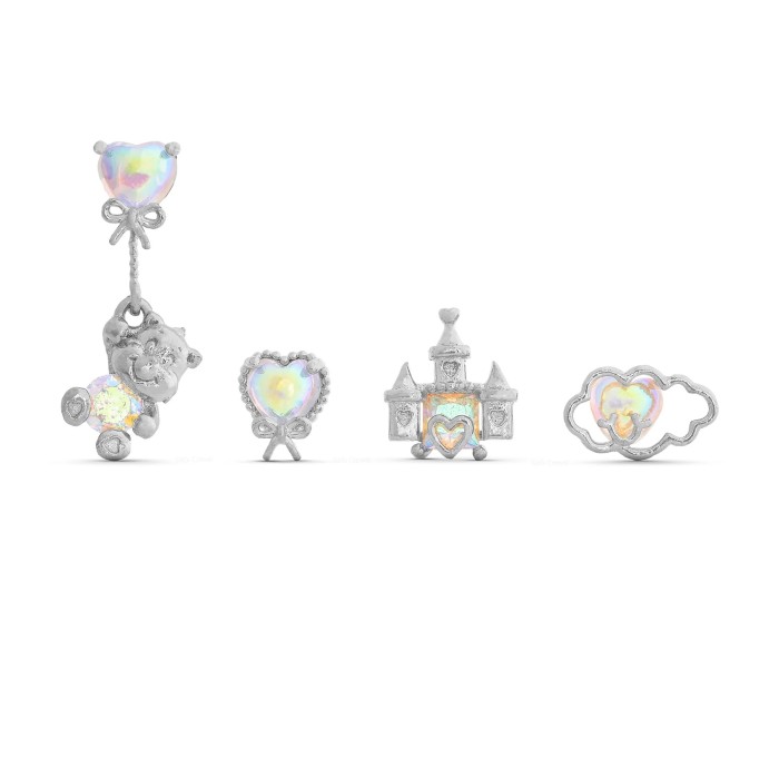 fashion rose gold rainbow bear zircon earring set, white K iridescent heart castle earrings and pendants