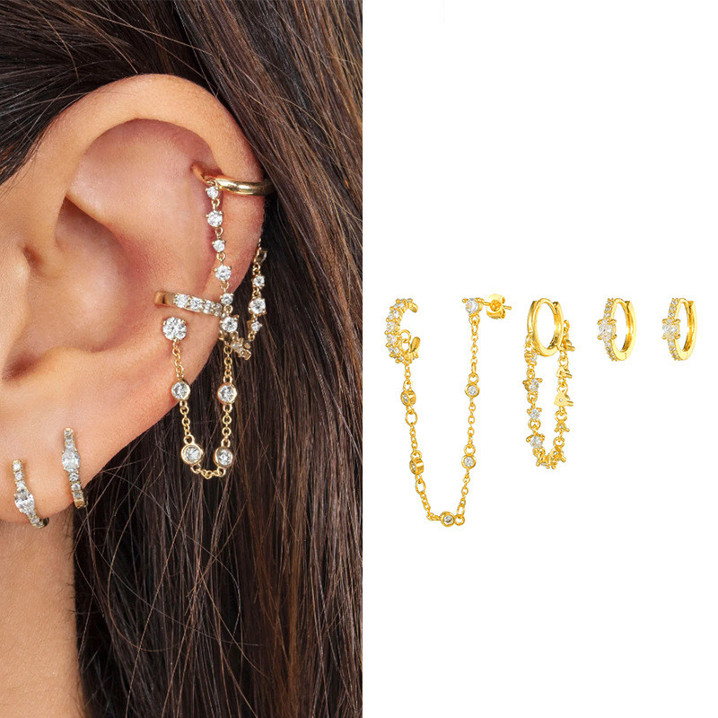Tassel Zircon Chain Earrings and Ear Clips, Fashionable New Exquisite Ins-style Earring Set for Women Wholesale, Jewe...