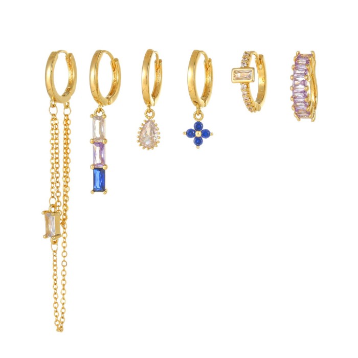 Best-selling Light Luxury S925 Silver Needle Chain Tassel Earring Set with Colorful Zircon Six-piece Earrings for Wom...