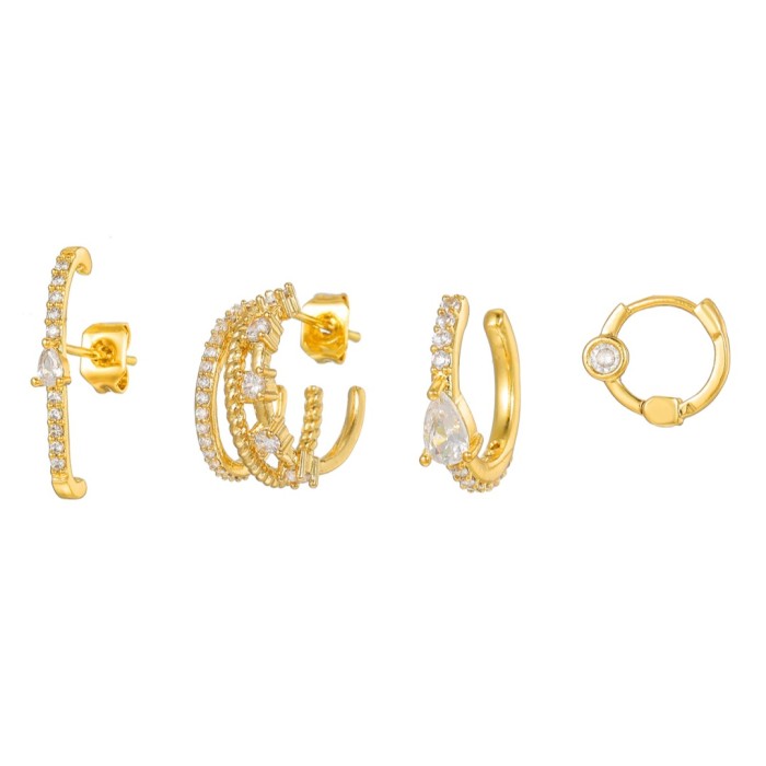 Korean-style Simple Geometric Claw-shaped Zircon Earrings, Copper Plated with 18K Real Gold, Four-piece Set of Earrin...