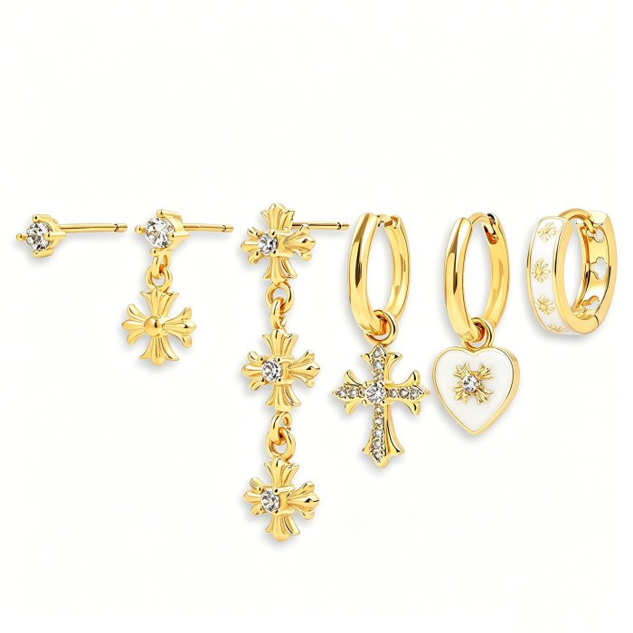 18K Gold Plated Copper Niche Design Earrings, Light Luxury High-end Heart-shaped Cross Stud Earring Set Wholesale, Je...