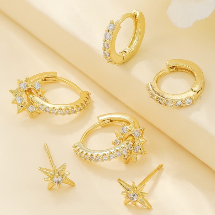 Foreign Trade 925 Sterling Silver Micro-inlaid Zircon Eight-pointed Star Earrings for Women, Niche Ins-style Personal...