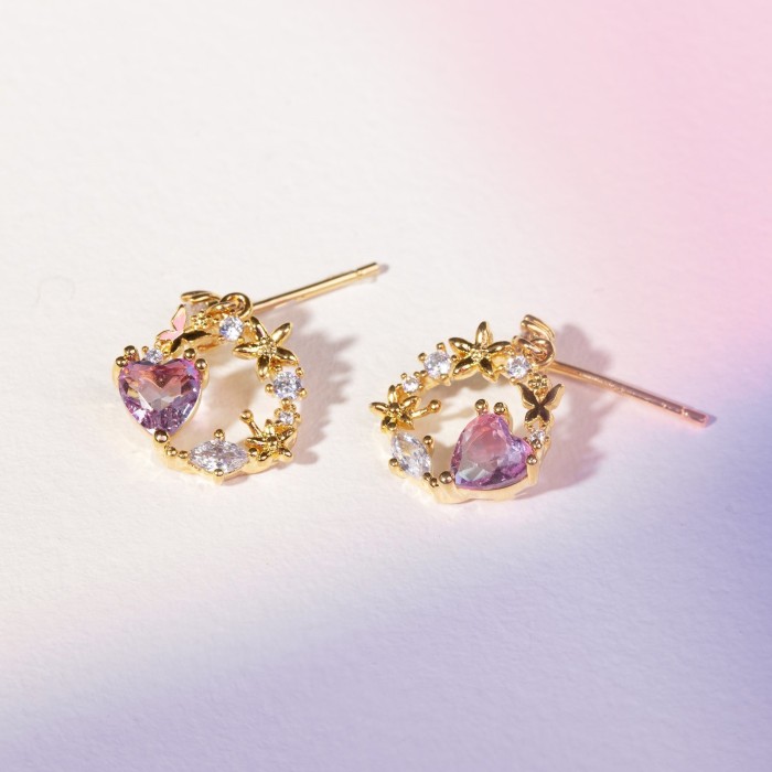 Ins-style 925 Silver Needle Earrings for Women, Exquisite and Sweet Floral Wreath Heart-shaped Zircon Earrings, High-...