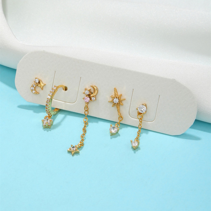 Best-selling Star and Moon Tassel Earring Set for Women, Fashionable and High-end, Light Luxury, Zircon-inlaid Five-p...