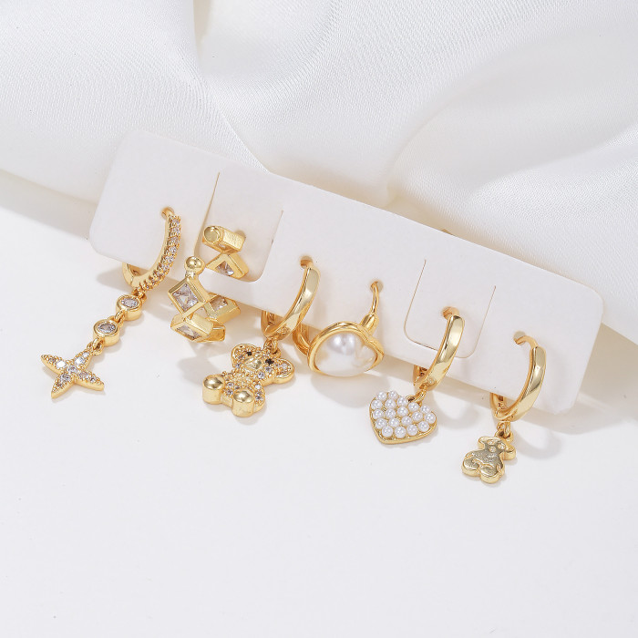 Creative Animal Micro-Inlaid Zircon Bear Earrings Fashionable New Heart-Shaped Pearl Earring Set Best-Selling Ear Acc...