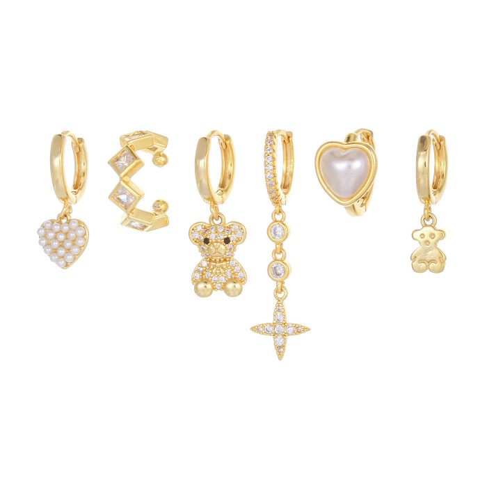 Creative Animal Micro-Inlaid Zircon Bear Earrings Fashionable New Heart-Shaped Pearl Earring Set Best-Selling Ear Acc...