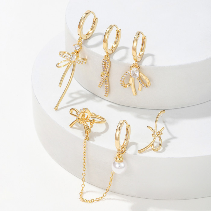 New French-style Bow Earrings, Light Luxury Niche Design, Elegant Zircon Ear Cuffs, Ear Studs, Ear Bone Clips, 6-piec...