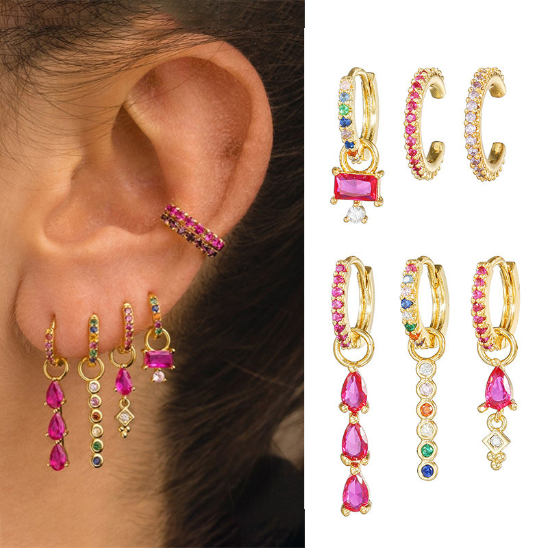 Bestseller Colorful Water Drop Pendant Zircon Earring Set, Exquisite and Unique, Copper Plated with 18K Real Gold Ear...