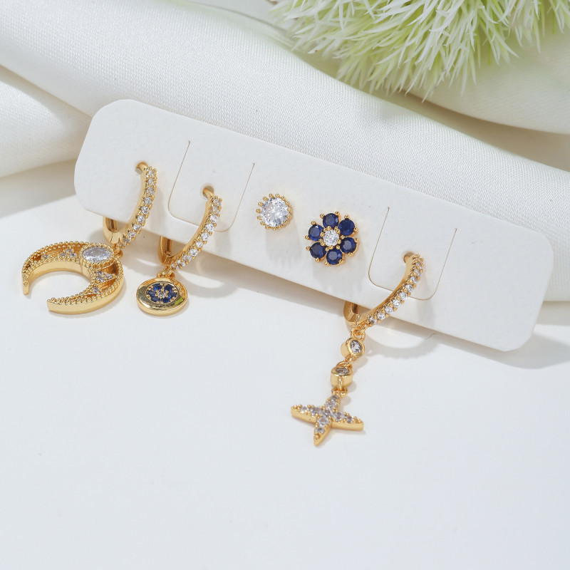 Korean and Japanese Style Simple Five-piece Set of Earrings for Women, S925 Silver Needle Micro-inlaid Zircon Long Ea...