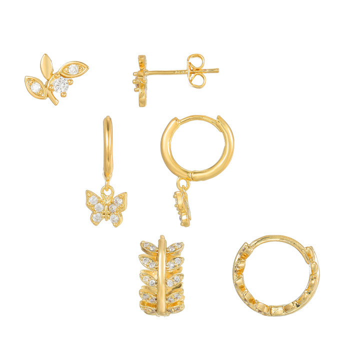 INS-style Olive Leaf Stone-Studded Earrings with Wheat Ear Clasps, S925 Silver Needle Butterfly Pendant Earring Set...