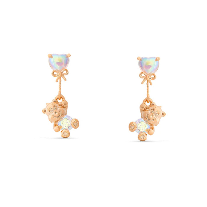 fashion rose gold rainbow bear zircon earring set, white K iridescent heart castle earrings and pendants
