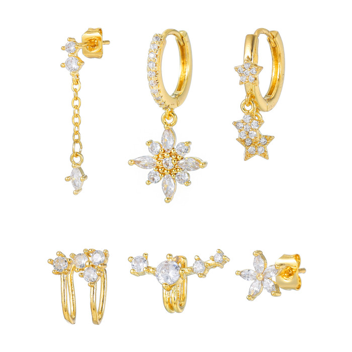 Stone-Studded Pentagram Flower Light Luxury Earrings, Unique Niche Fashion Temperament Six-piece Set of Earrings fo...