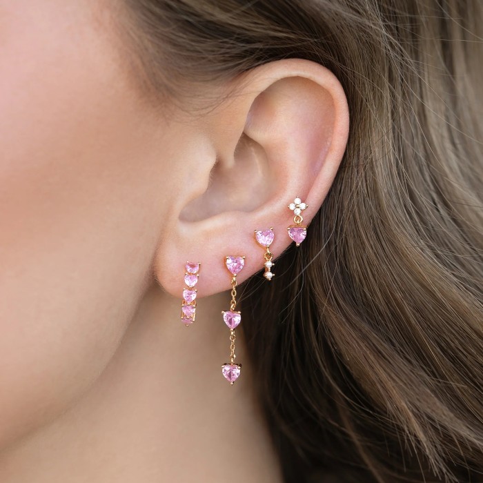 Sweet and Elegant Pink Heart-shaped Earrings, Japanese and Korean Girl Style Clear Flower Zirconia Stud Earrings Set,...