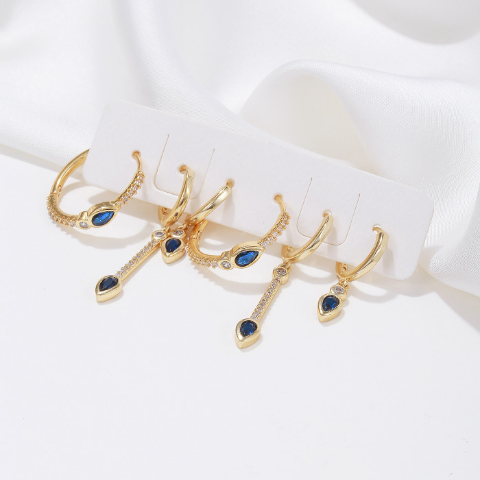Fashion Simple Blue Water Drop Zircon Earrings, Light Luxury Style, Long Pendant 18K Ear Clasp Earrings Wholesale