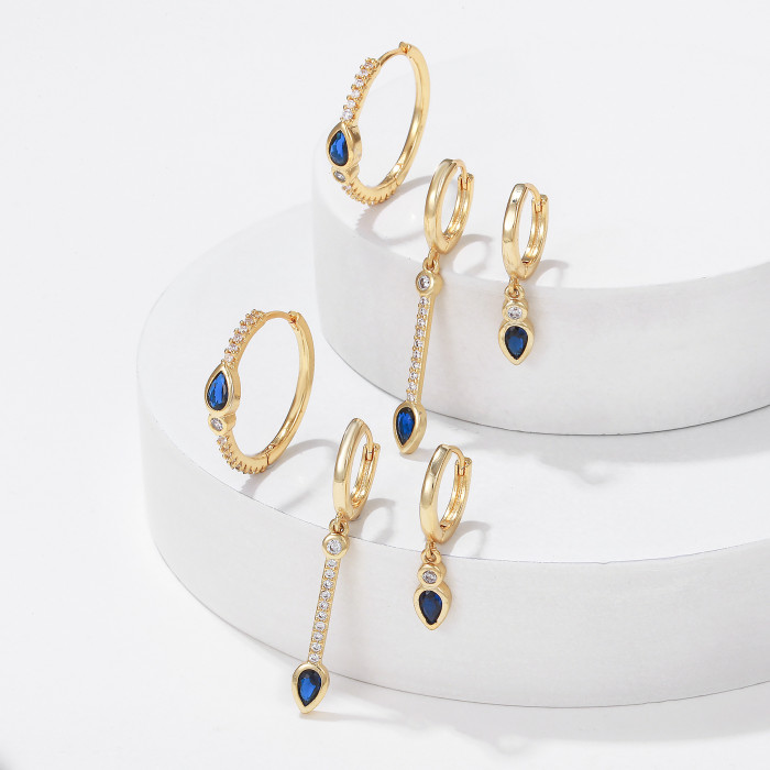 Fashion Simple Blue Water Drop Zircon Earrings, Light Luxury Style, Long Pendant 18K Ear Clasp Earrings Wholesale