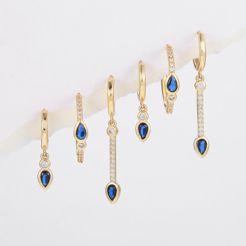 Fashion Simple Blue Water Drop Zircon Earrings, Light Luxury Style, Long Pendant 18K Ear Clasp Earrings Wholesale