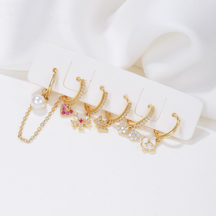 Korean and Japanese Floral Pearl Heart-shaped Earring Set, Unique Design Ear Cuffs, Fashionable New Trend Earrings fo...