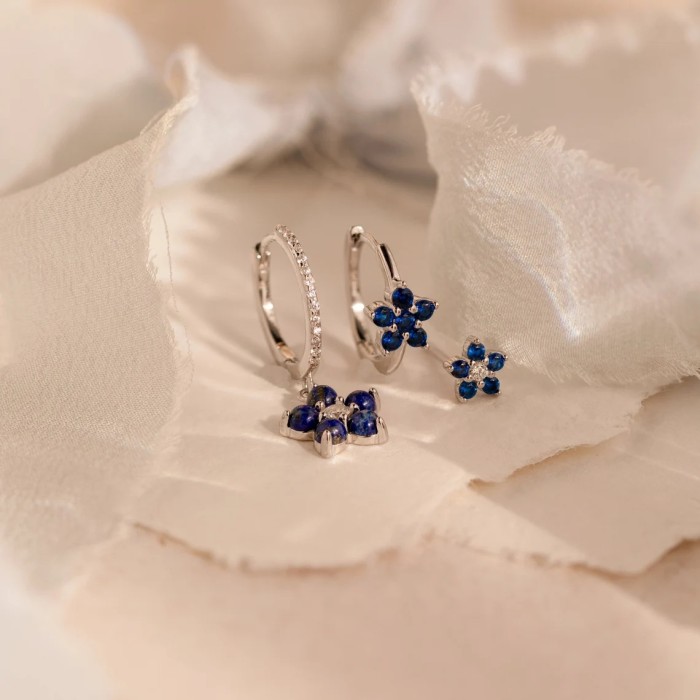 New Style 925 Silver Needle Micro-inlaid Zircon Earrings, Floral Dark Blue Zircon Hoop Exquisite Women's Earrings, 92...