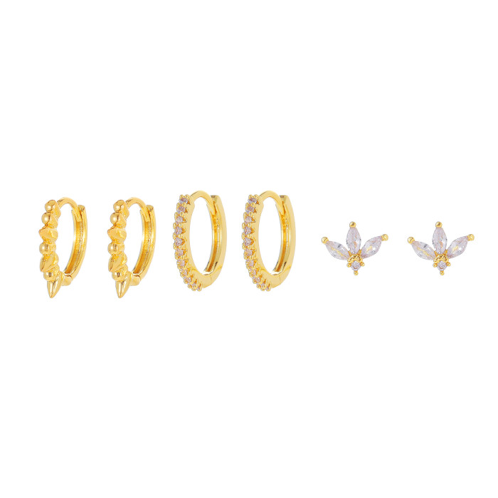 Simple and Versatile Zircon Earring Set, Geometric Copper Plated 18K Real Gold Ear Clasps and Studs Three-piece Earri...