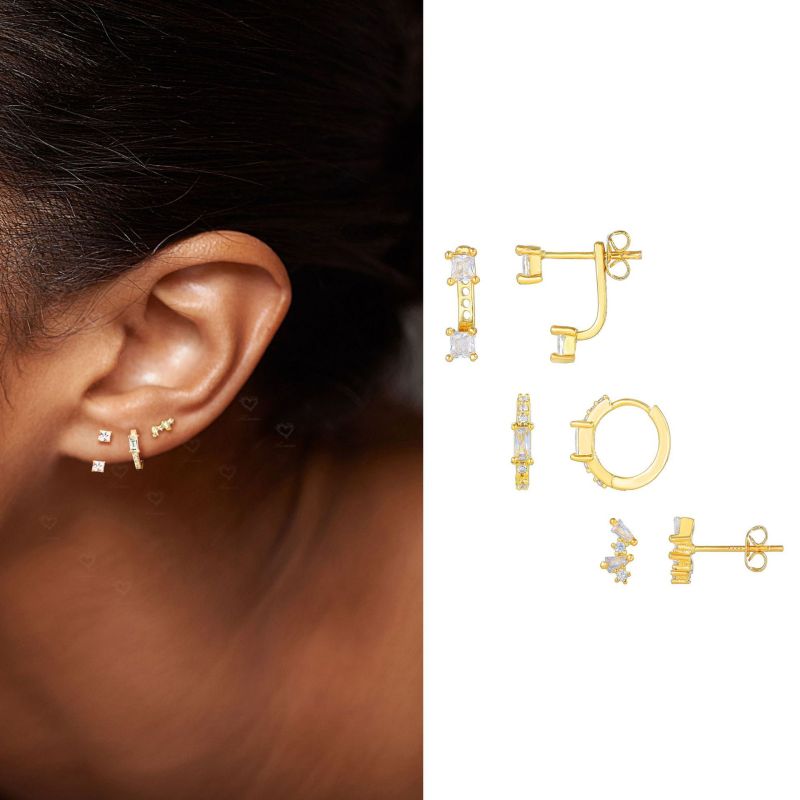 Fashion Zirconia Stud Earrings with S925 Ear Pins, Geometric Spliced Earrings, Simple Hoop Ear Cuffs, Set of Two for...