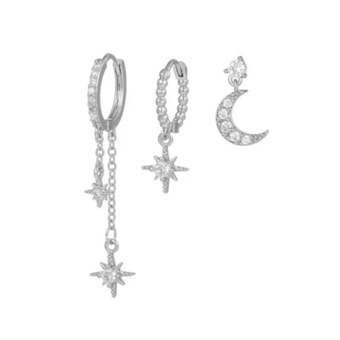 Best-selling Fashion Versatile Three-piece Set: Star and Moon Chain Tassel Earrings, Hexagram Zirconia Earrings, Jewe...