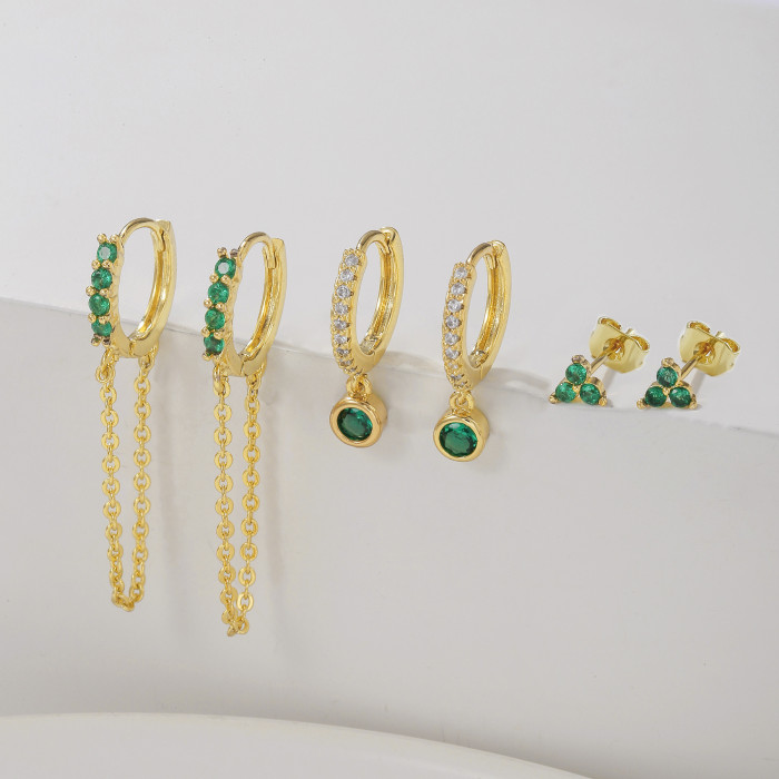 Amazon Forest Style Silver Needle Emerald Zircon Chain Integrated Earrings, 18K Gold Plated Copper with Zircon Inlay...