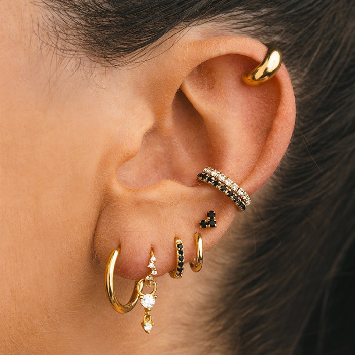 Amazon's Best-selling Personalized Silver Needle Earrings, Creative Dark Blue Zircon Micro-circle Ear Cuff Set, New A...