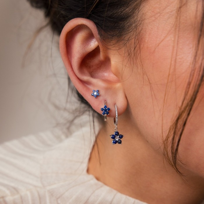New Style 925 Silver Needle Micro-inlaid Zircon Earrings, Floral Dark Blue Zircon Hoop Exquisite Women's Earrings, 92...