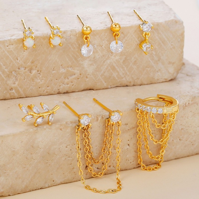 Ins-style Zircon-inlaid Chain Tassel Leaf Earrings, Elegant and Exquisite Multi-piercing Stud Earring Set for Women,...