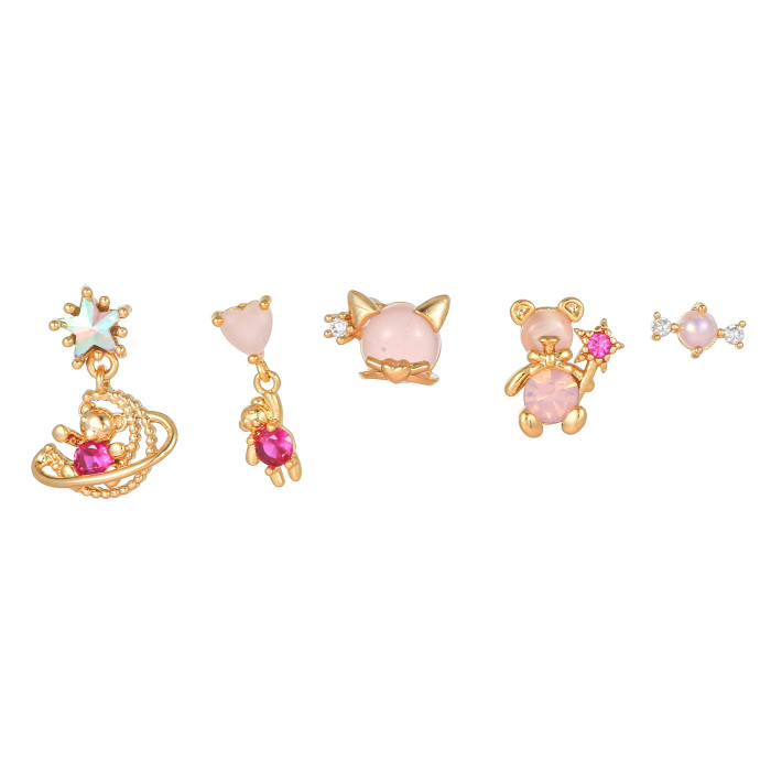 Pink Bear Series Earring Set, Niche Design Art Earrings, 18K Electroplated Micro-inlaid Zircon Jewelry, Jewelry Sets