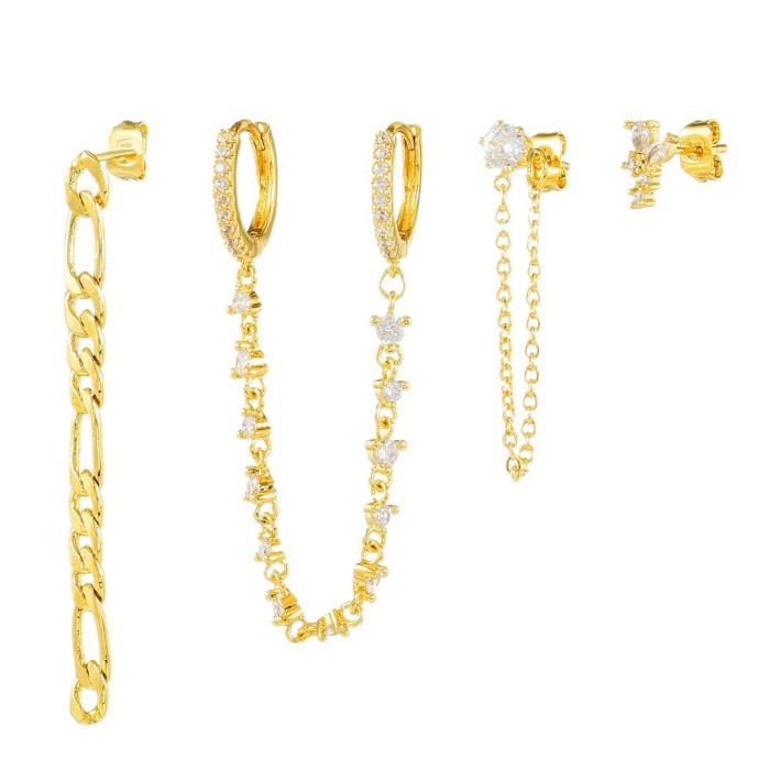 Best-selling Fashion Niche Chain Tassel Pendant Earring Set with Zircon Double Hoop Ear Clasps, Wholesale, Jewelry Sets