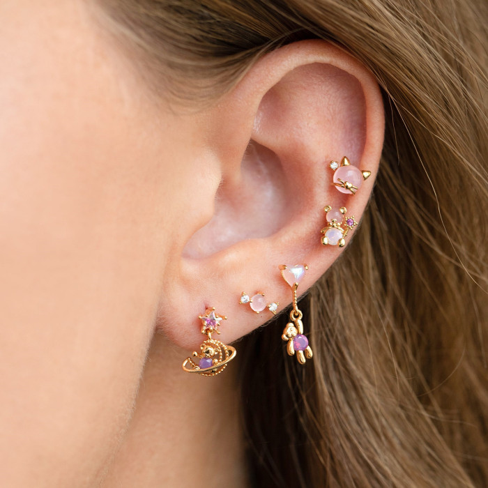Pink Bear Series Earring Set, Niche Design Art Earrings, 18K Electroplated Micro-inlaid Zircon Jewelry, Jewelry Sets