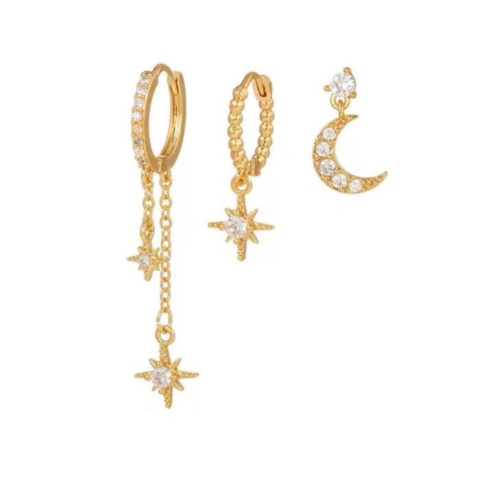 Best-selling Fashion Versatile Three-piece Set: Star and Moon Chain Tassel Earrings, Hexagram Zirconia Earrings, Jewe...