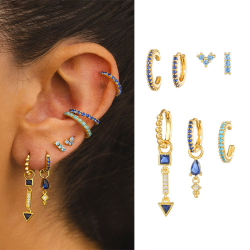 Geometric Pendant Water Drop Dark Blue Zircon Ear Cuffs, Opal Heart-shaped Stud Earrings 7-piece Set, Jewelry Sets