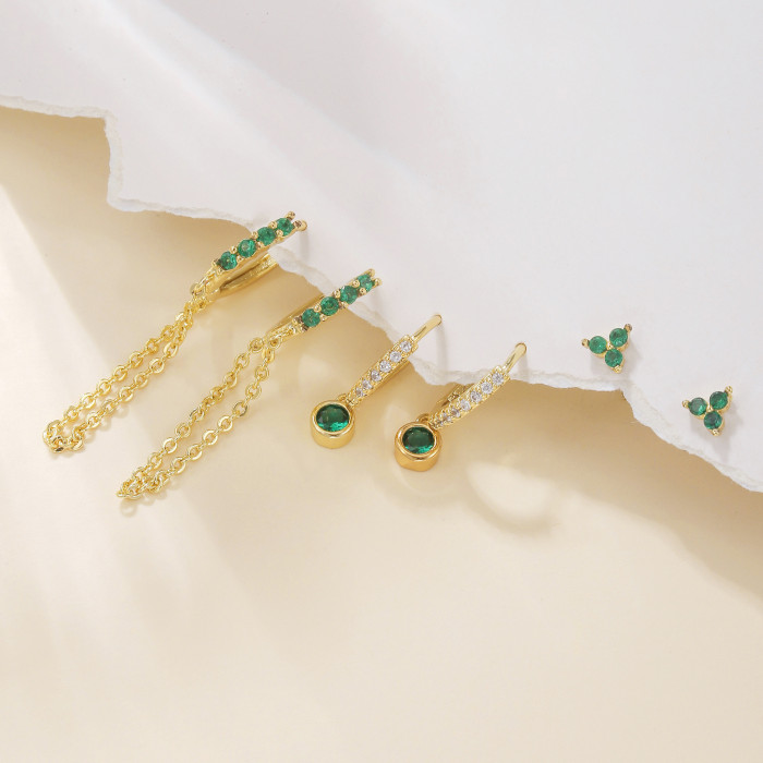 Amazon Forest Style Silver Needle Emerald Zircon Chain Integrated Earrings, 18K Gold Plated Copper with Zircon Inlay...