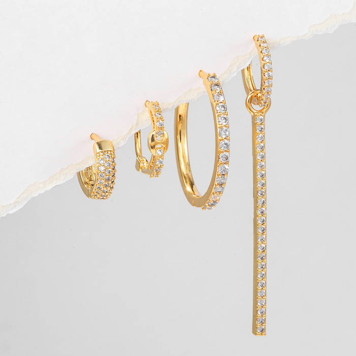 Ins Fashion Temperament Hoop Earring Set with Fully Stone-Set Long Pendant 18K Gold-Plated Ear Clasp Jewelry Wholesale for...