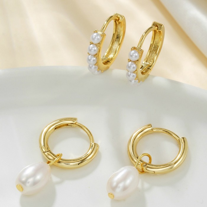 Japanese, Korean, and French-style Freshwater Pearl Hoop Earrings, Niche Design, Elegant Four-piece Earring Set, Fres...
