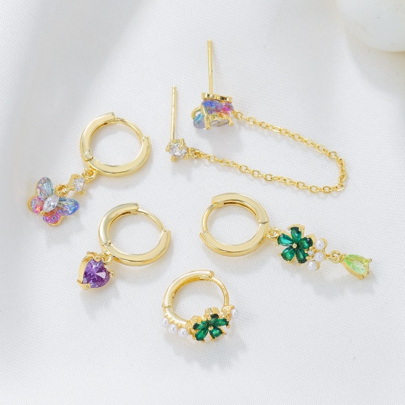 Ins-style Gold Plated Copper Colorful Heart-shaped Pendant, Purple Zircon Earrings, and Pearl Hoop Earring Set, Jewel...