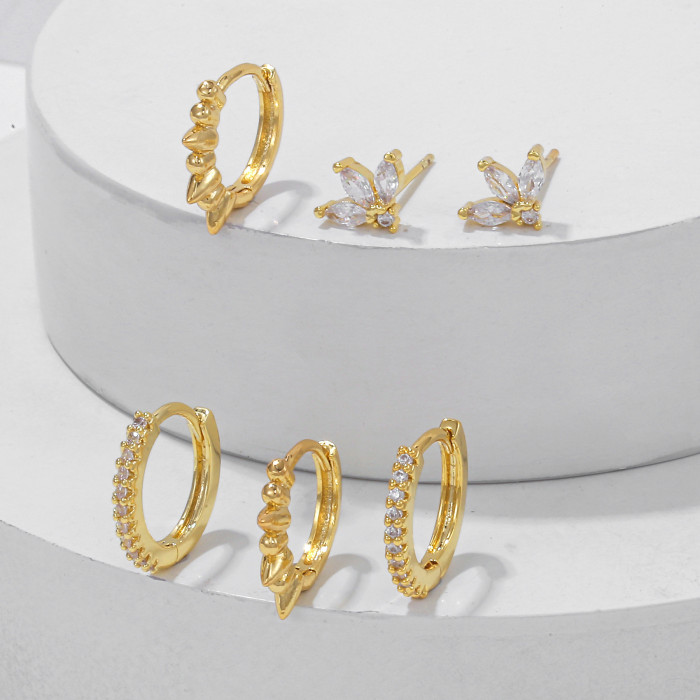 Simple and Versatile Zircon Earring Set, Geometric Copper Plated 18K Real Gold Ear Clasps and Studs Three-piece Earri...