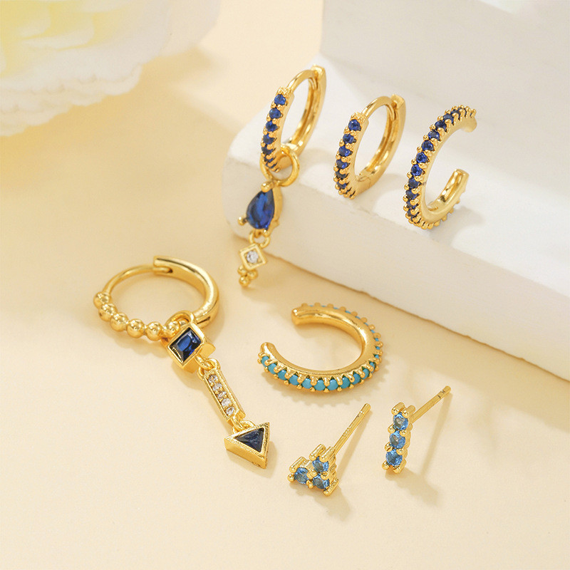 Geometric Pendant Water Drop Dark Blue Zircon Ear Cuffs, Opal Heart-shaped Stud Earrings 7-piece Set, Jewelry Sets