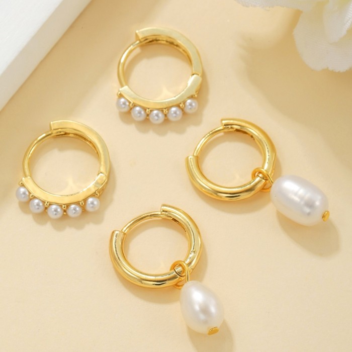 Japanese, Korean, and French-style Freshwater Pearl Hoop Earrings, Niche Design, Elegant Four-piece Earring Set, Fres...
