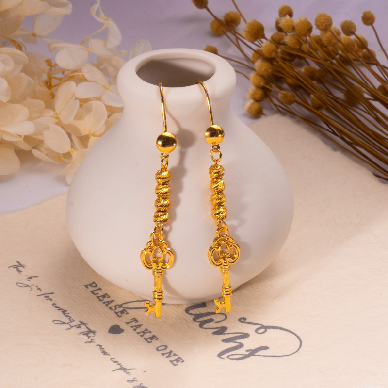 Key Earrings, Long Tassel Key Earrings, Vintage Simple Gold Plated Copper Earrings