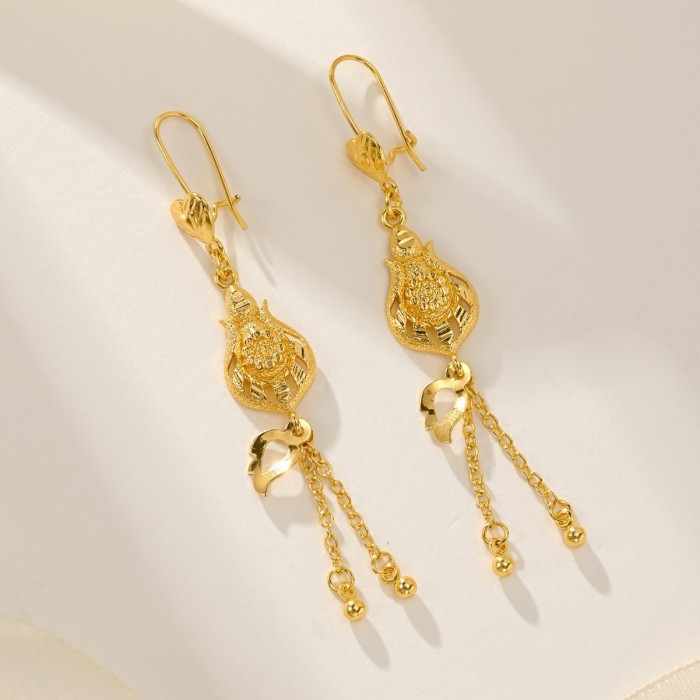 Palace Style Earrings, Gold Plated Copper Floral Tassel Drop Earrings, Bohemian Style Versatile Earrings for Women