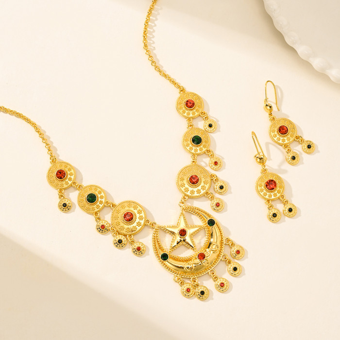 New Gold Plated Copper Arabic Star and Moon Necklace and Earrings Set Ethnic Style Women's Jewelry Light Luxury Acces...