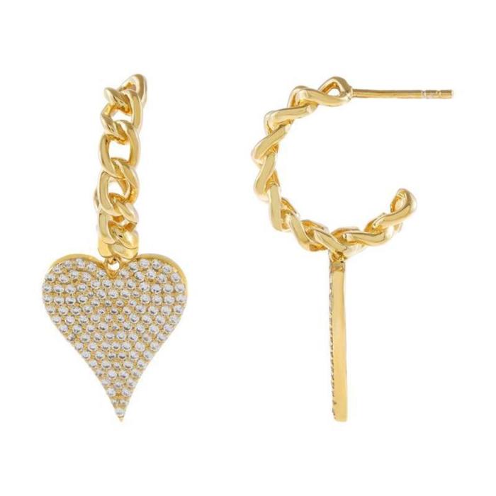 New Trendy Long Heart-shaped Earrings in 18K Gold with Zirconia Inlay, Fully Stone-Set Heart-shaped Earrings, Unique Jew...